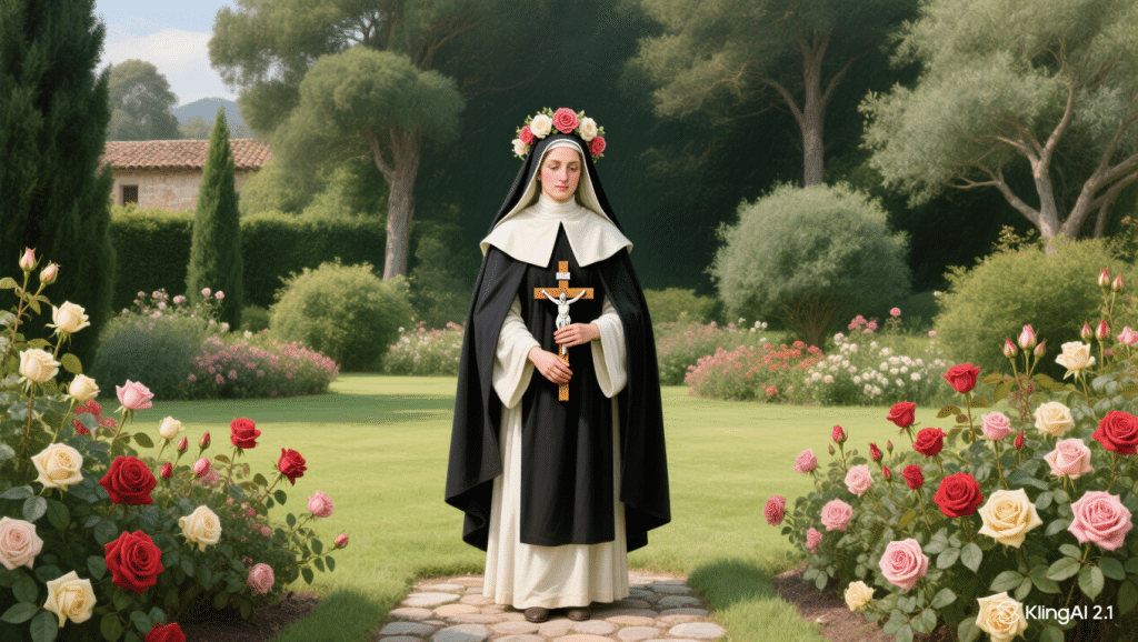 Pintura barroca de Santa Rosa de Lima en un jardín.