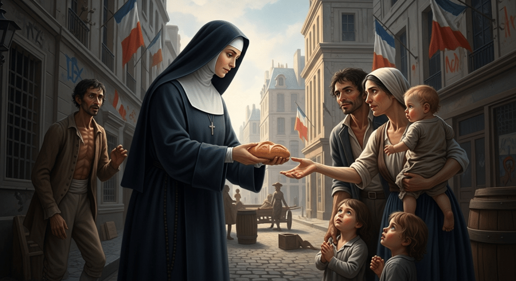 Pintura de Santa Juana Antida Thouret, monja francesa, en un acto de caridad.