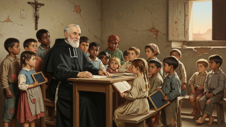 Pintura de San José de Calasanz, sacerdote, enseñando a niños pobres en una escuela.