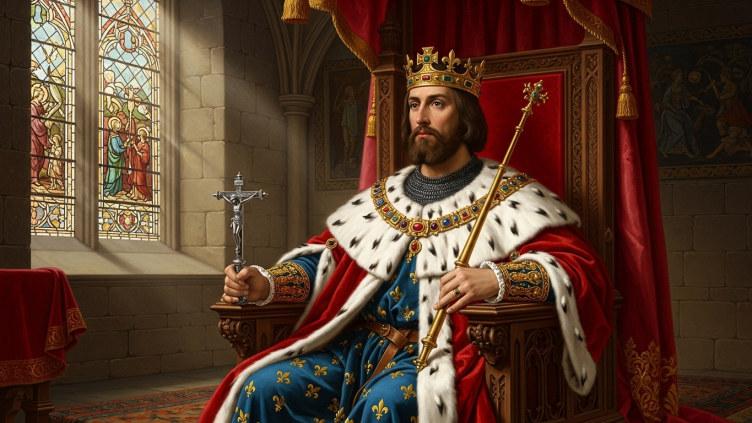 Pintura de San Luis IX de Francia, rey, con una corona y un crucifijo.