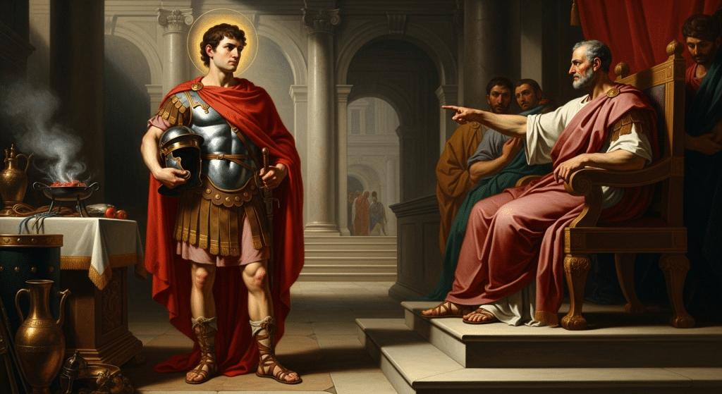 Pintura de San Alejandro de Bérgamo, soldado y mártir, en una escena de su juicio.