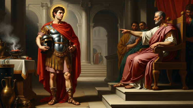 Pintura de San Alejandro de Bérgamo, soldado y mártir, en una escena de su juicio.