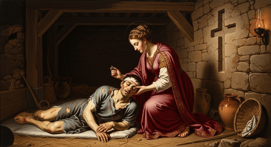 Pintura de Santa Sabina de Roma, matrona, cuidando a un cristiano perseguido.