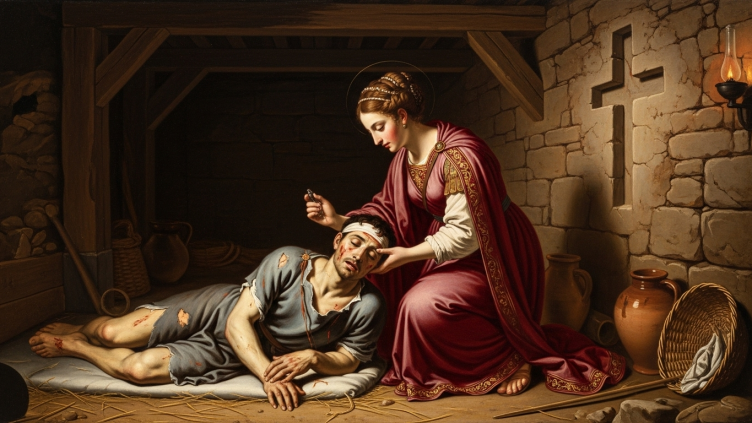 Pintura de Santa Sabina de Roma, matrona, cuidando a un cristiano perseguido.