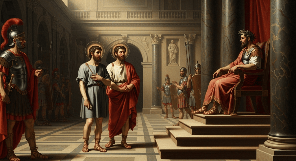Pintura de San Félix y San Adaucto, mártires, en una escena de su juicio.