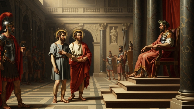 Pintura de San Félix y San Adaucto, mártires, en una escena de su juicio.