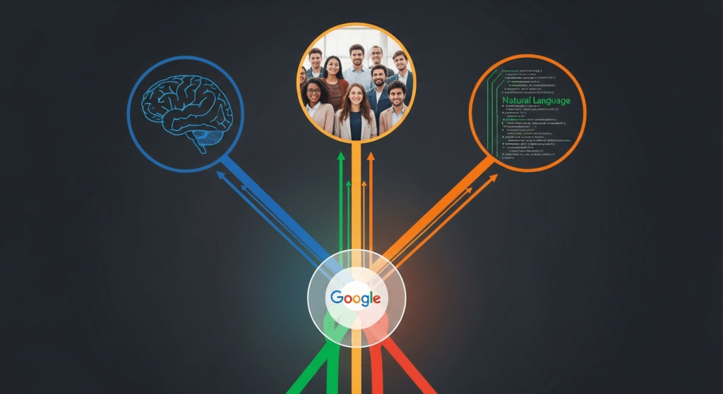 Un cerebro digital que representa los fundamentos de la IA, con diferentes iconos de texto e imágenes conectadas a él, en un fondo tecnológico.