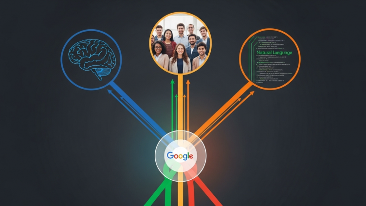 Un cerebro digital que representa los fundamentos de la IA, con diferentes iconos de texto e imágenes conectadas a él, en un fondo tecnológico.
