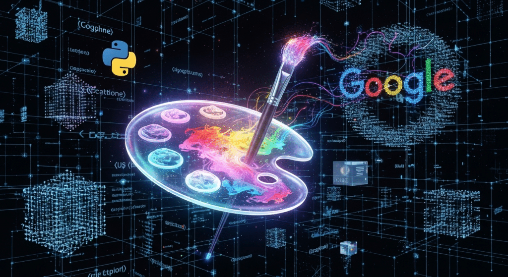 Una pintura digital futurista que combina elementos artísticos (pincel y lienzo) con tecnología (código y datos) para simbolizar la generación de imágenes con IA.