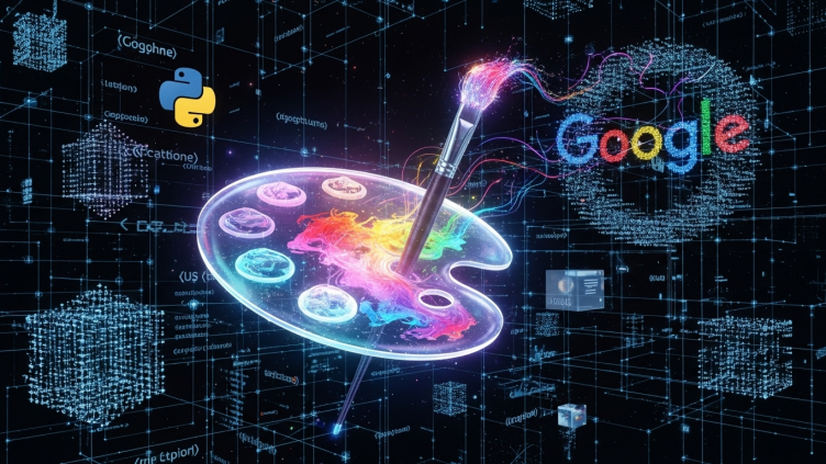 Una pintura digital futurista que combina elementos artísticos (pincel y lienzo) con tecnología (código y datos) para simbolizar la generación de imágenes con IA.