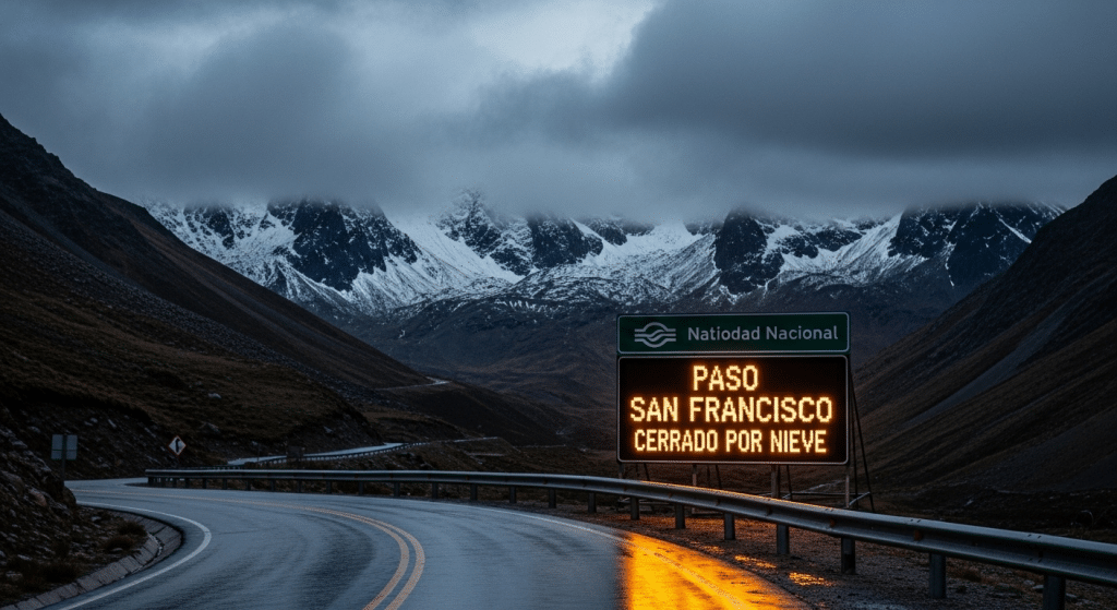 Cartel de Vialidad Nacional en la ruta informando el cierre del Paso de San Francisco por nieve en Catamarca.