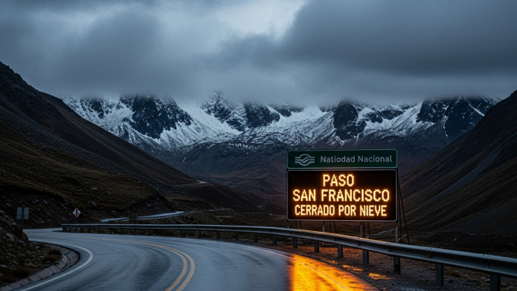Cartel de Vialidad Nacional en la ruta informando el cierre del Paso de San Francisco por nieve en Catamarca.