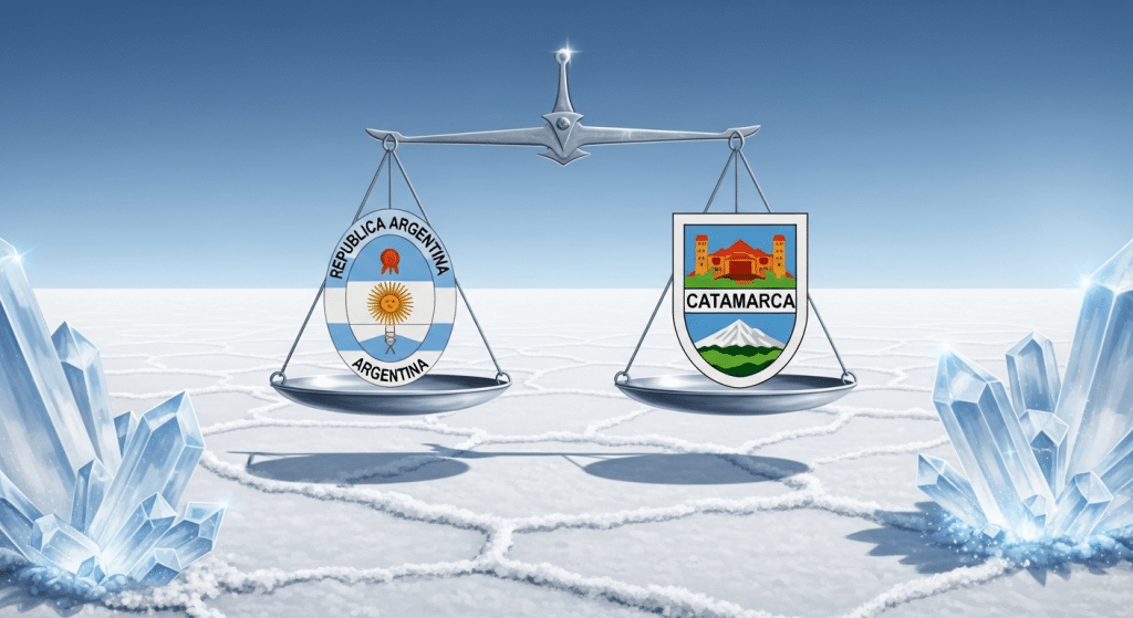 Representación visual del marco legal del litio en Argentina, mostrando un equilibrio entre la jurisdicción nacional y la provincial sobre los recursos naturales.