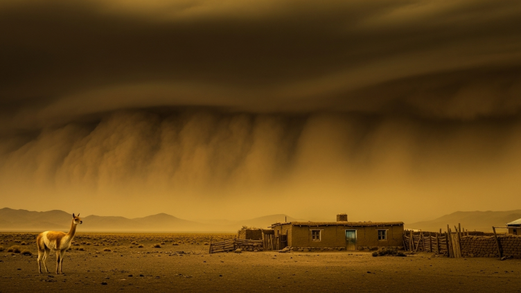 Tormenta de polvo avanzando sobre la localidad de Laguna Blanca en Belén, Catamarca.