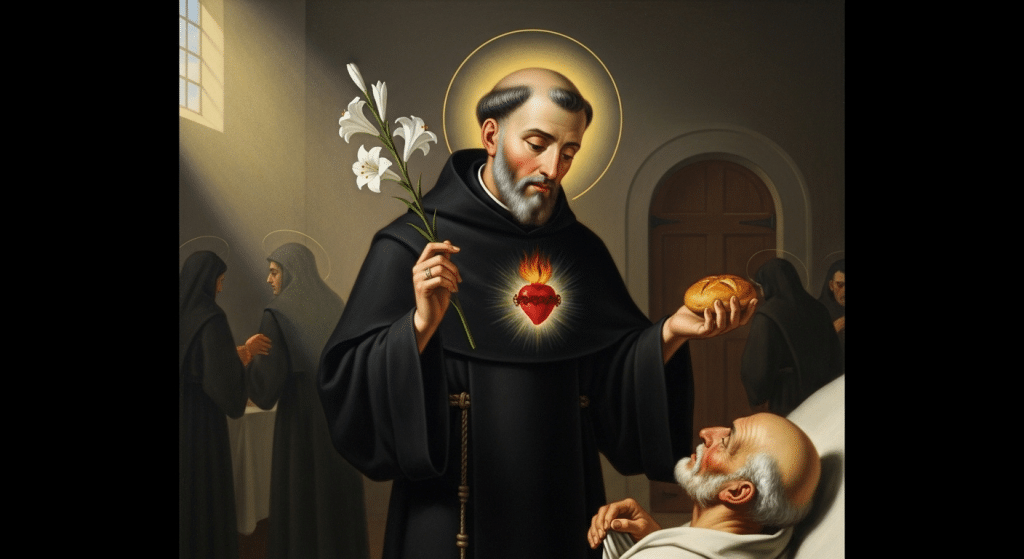 San Nicolás de Tolentino, agustino con lirio.