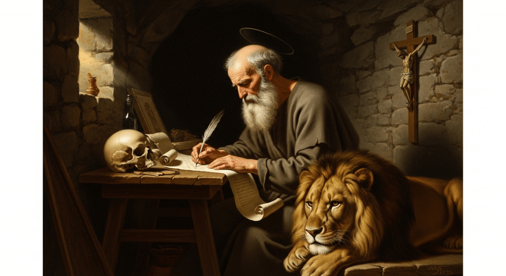 San Jerónimo, escribiendo la Vulgata.