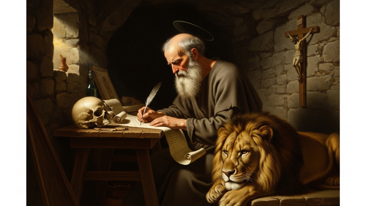 San Jerónimo, escribiendo la Vulgata.