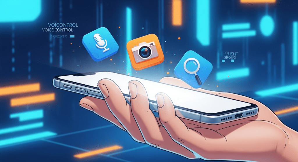 Ilustración de IA en un smartphone, mostrando la inteligencia artificial en los asistentes de voz, la cámara y las recomendaciones.