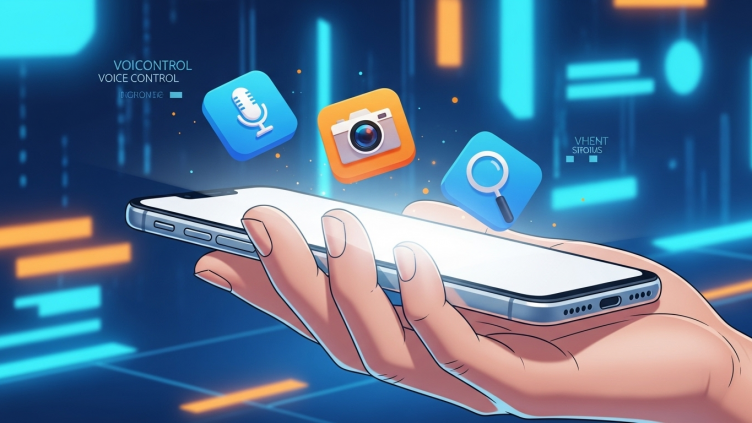 Ilustración de IA en un smartphone, mostrando la inteligencia artificial en los asistentes de voz, la cámara y las recomendaciones.