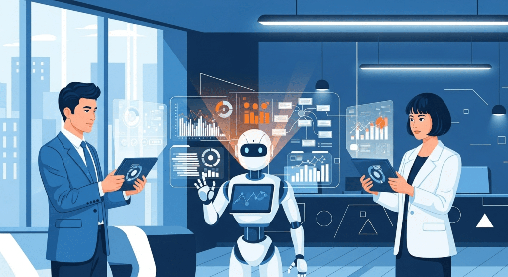 Ilustración de IA en el trabajo, mostrando a dos profesionales colaborando con un robot de IA para optimizar tareas.