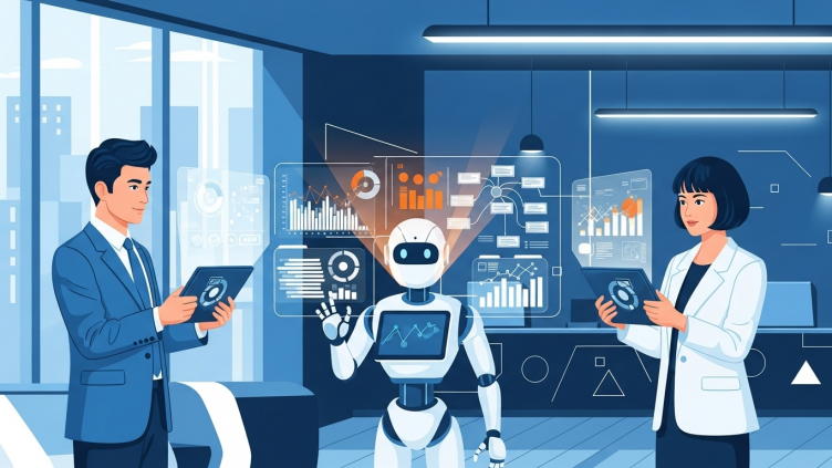 Ilustración de IA en el trabajo, mostrando a dos profesionales colaborando con un robot de IA para optimizar tareas.