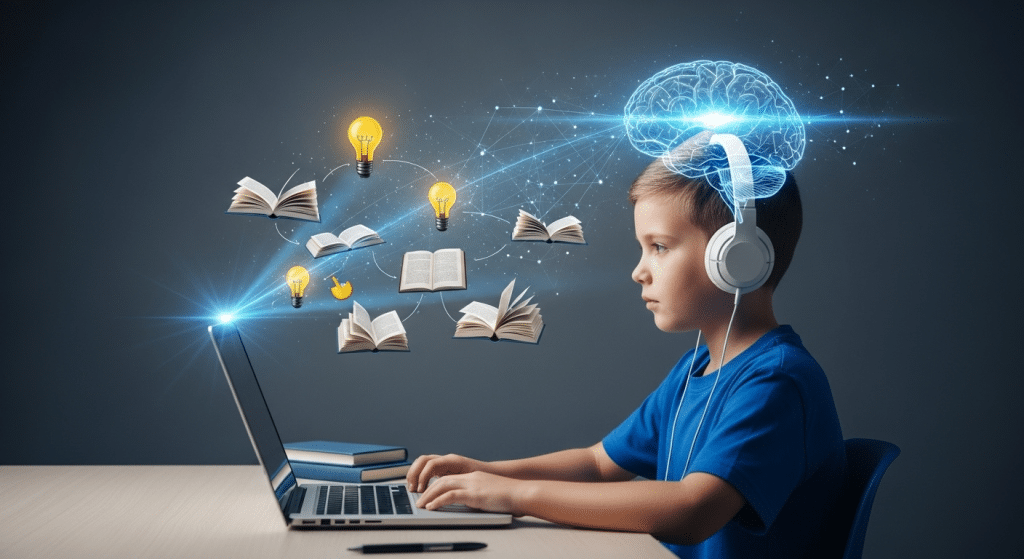 Ilustración de IA para estudiantes, mostrando a un joven usando la inteligencia artificial para organizar sus ideas y mejorar su aprendizaje.