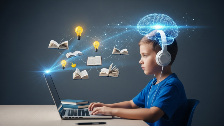 Ilustración de IA para estudiantes, mostrando a un joven usando la inteligencia artificial para organizar sus ideas y mejorar su aprendizaje.