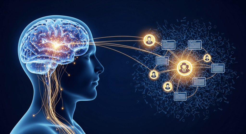 Ilustración de IA y salud, mostrando un cerebro humano conectado a publicaciones de expertos, con backlinks genéricos en el fondo.