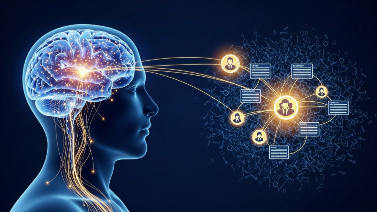 Ilustración de IA y salud, mostrando un cerebro humano conectado a publicaciones de expertos, con backlinks genéricos en el fondo.