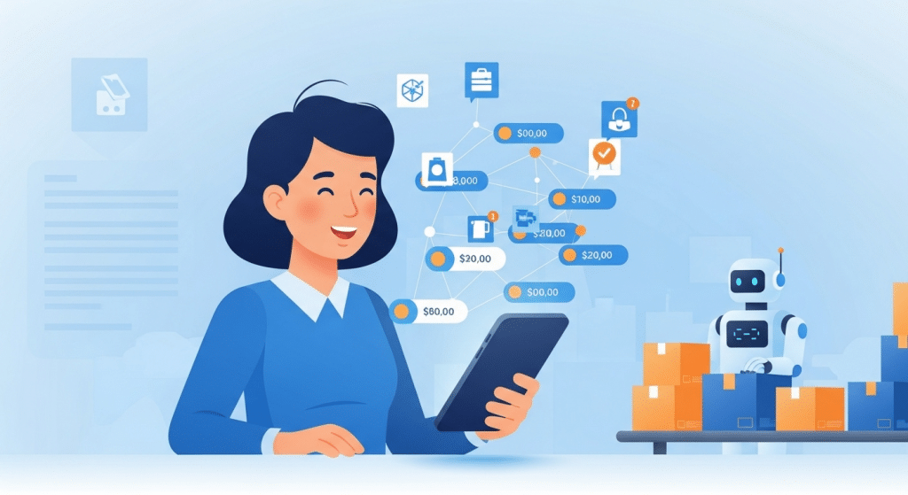 Ilustración de IA en las compras online, mostrando a un cliente que usa la inteligencia artificial para encontrar productos y recomendaciones.