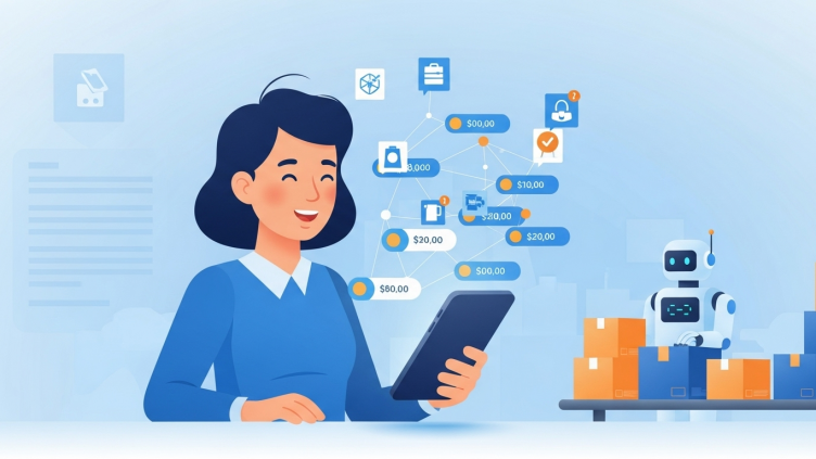 Ilustración de IA en las compras online, mostrando a un cliente que usa la inteligencia artificial para encontrar productos y recomendaciones.