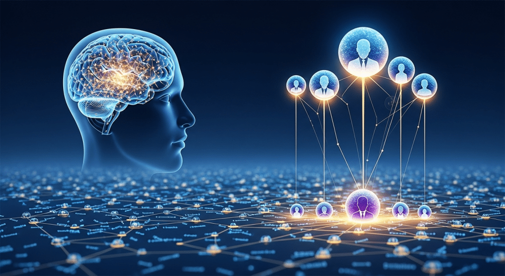Ilustración de autoridad contextual SEO, mostrando un cerebro humano conectado a publicaciones de expertos, con backlinks genéricos en el fondo.