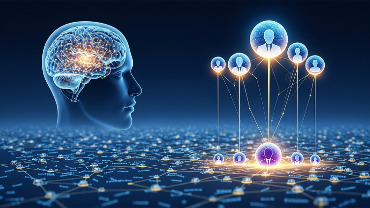 Ilustración de autoridad contextual SEO, mostrando un cerebro humano conectado a publicaciones de expertos, con backlinks genéricos en el fondo.