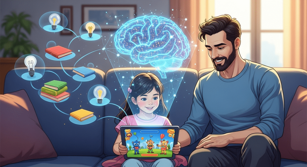 Ilustración de IA para padres, mostrando a un padre y su hija usando la inteligencia artificial para un juego educativo.