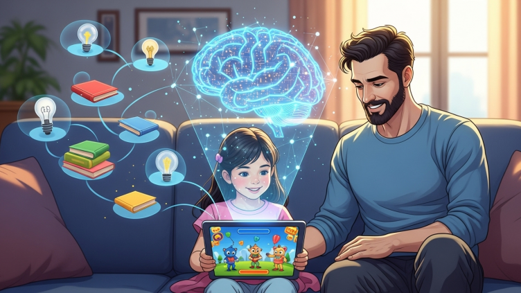 Ilustración de IA para padres, mostrando a un padre y su hija usando la inteligencia artificial para un juego educativo.