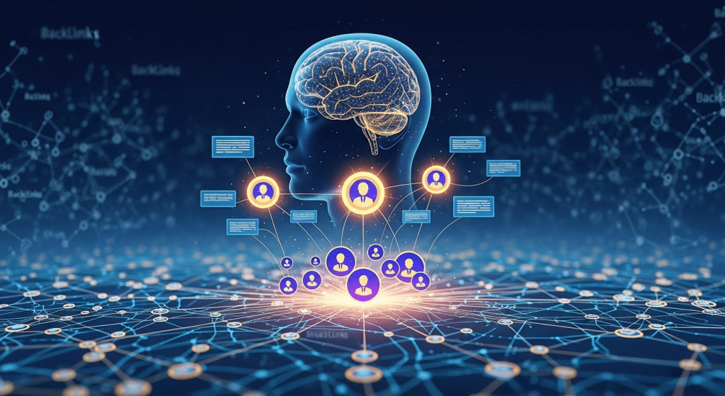 Ilustración de IA y salud, mostrando un cerebro humano conectado a publicaciones de expertos, con backlinks genéricos en el fondo.