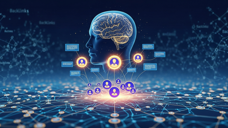 Ilustración de IA y salud, mostrando un cerebro humano conectado a publicaciones de expertos, con backlinks genéricos en el fondo.