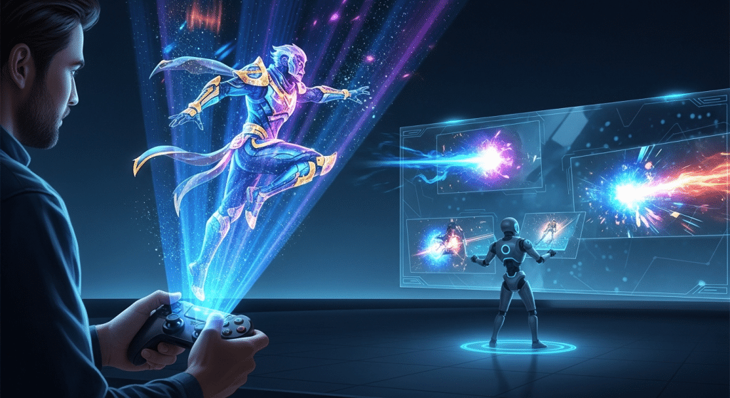 Ilustración de IA en el entretenimiento, mostrando a un hombre interactuando con un personaje de videojuego creado por IA.
