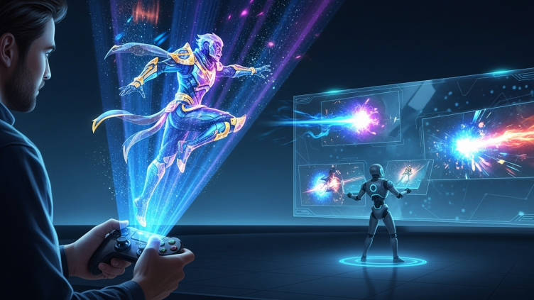 Ilustración de IA en el entretenimiento, mostrando a un hombre interactuando con un personaje de videojuego creado por IA.