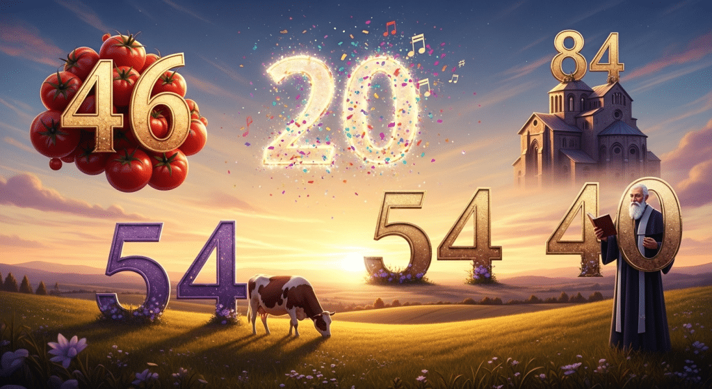 Una pintura de realismo mágico de los números 46 (tomates), 20 (fiesta), 54 (vaca), 84 (iglesia) y 40 (cura) en un paisaje rural.