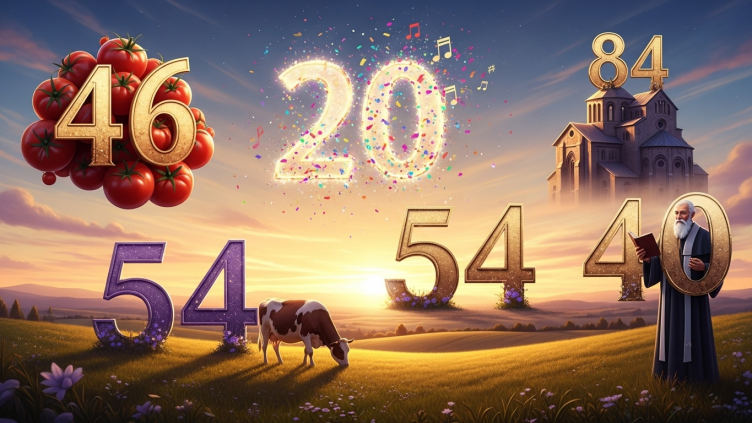 Una pintura de realismo mágico de los números 46 (tomates), 20 (fiesta), 54 (vaca), 84 (iglesia) y 40 (cura) en un paisaje rural.